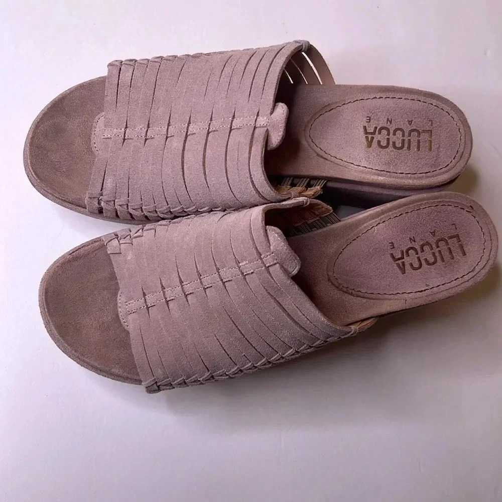 Lucca Lane leather neutral mules heeled wedges sandals size 10